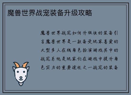 魔兽世界战宠装备升级攻略